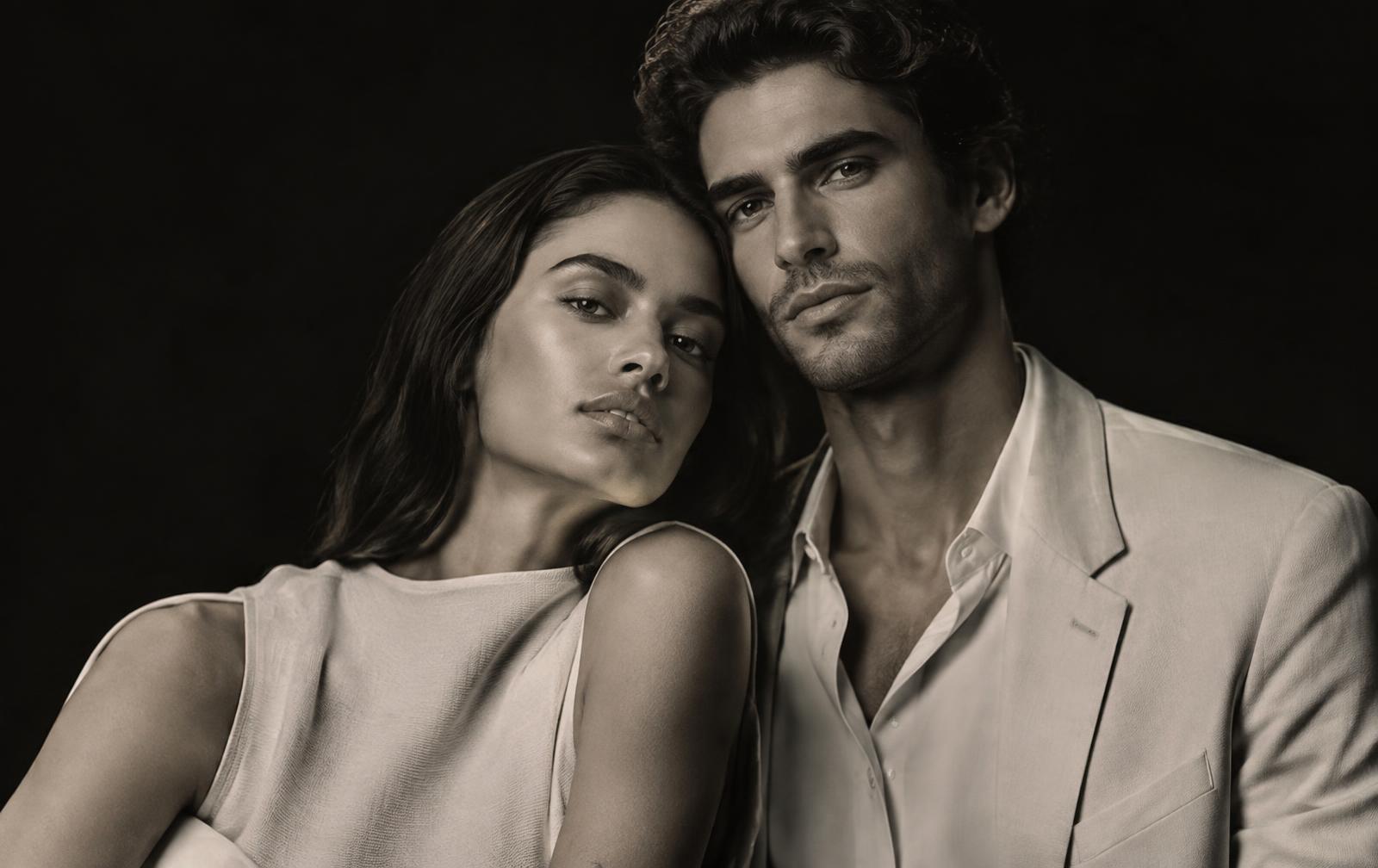 Two young adults in minimalist neutral clothing, softly lit against a black background